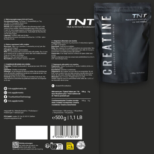 TNT Creatine - Beutelrückseite mit Nährwerten