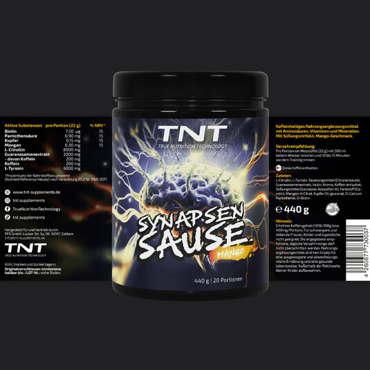 TNT Synapsensause Mango - Etikett mit Nährwertangaben